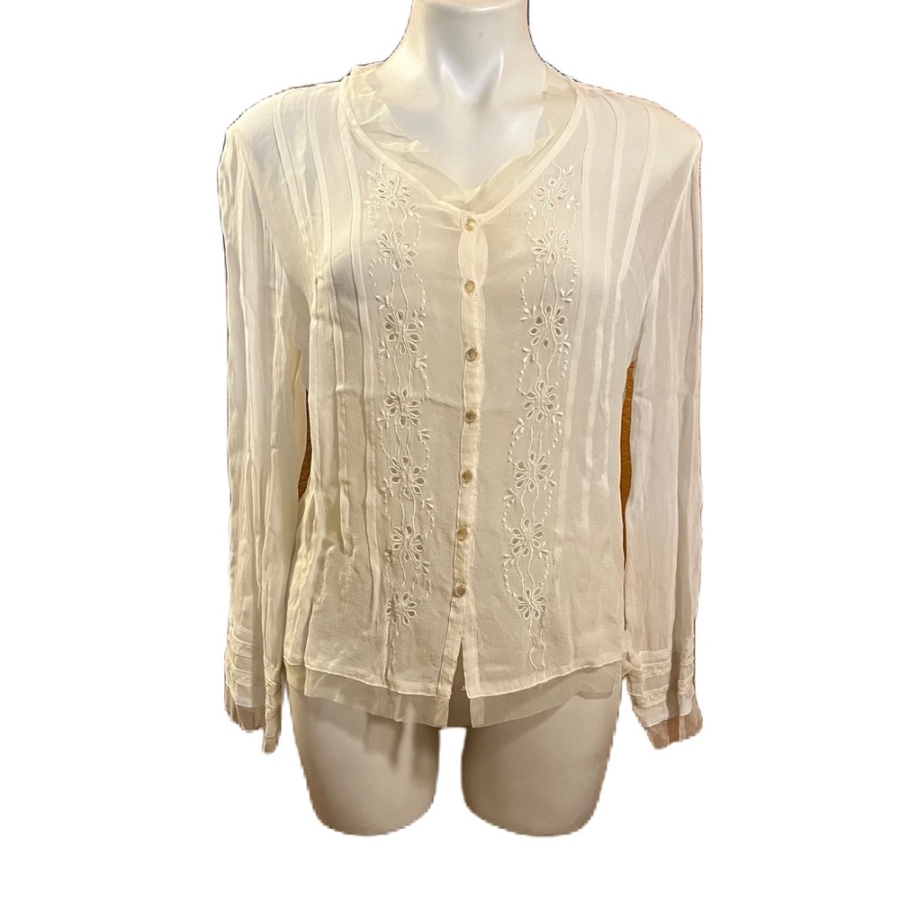 Karavan Elegant Cream Laser-cut Sheer Button-Up Long Sleeve Blouse S